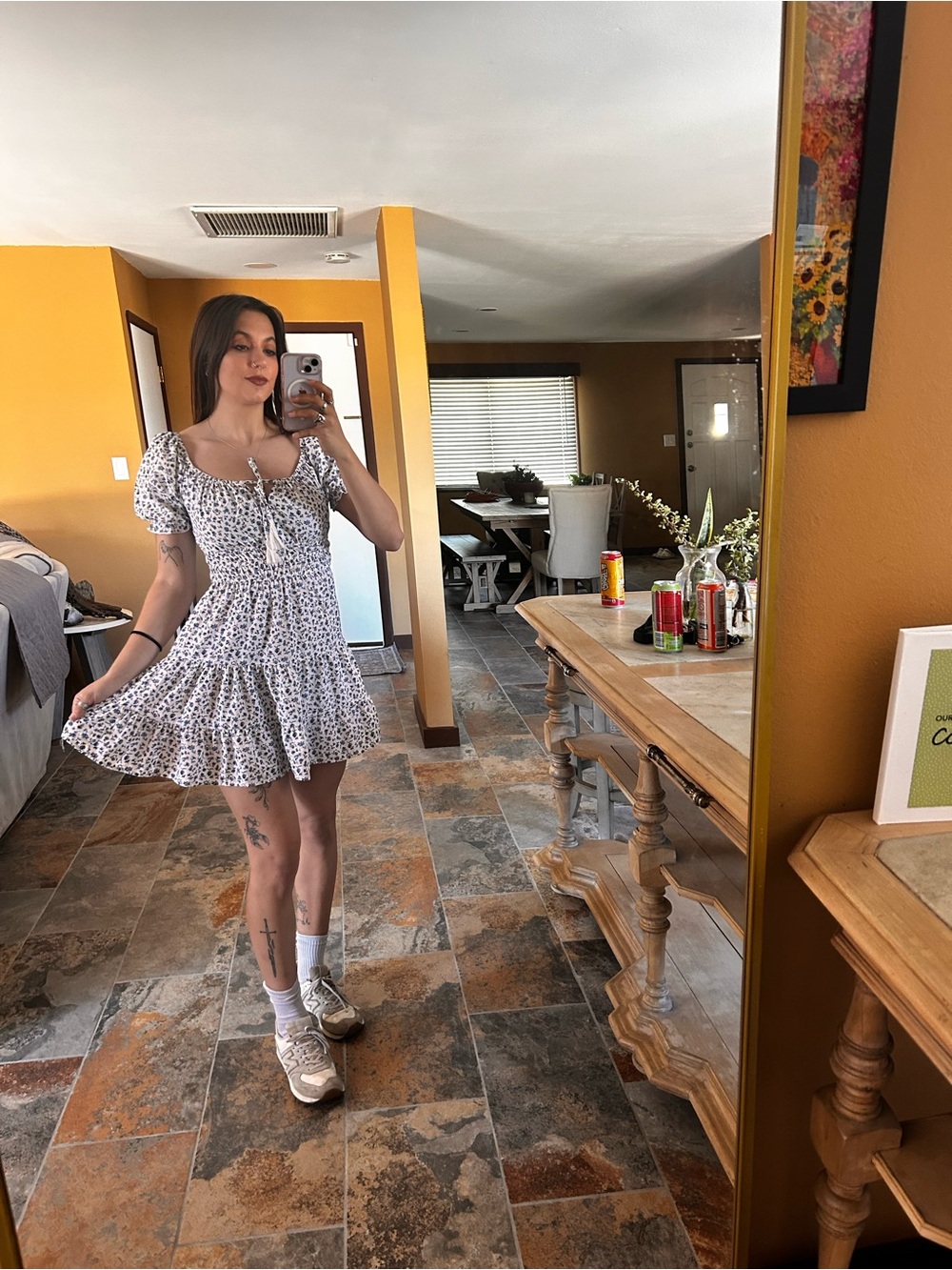 Blue White Floral Cottagecore Milkmaid Dress | Puff Sleeve Mini Dress Small
